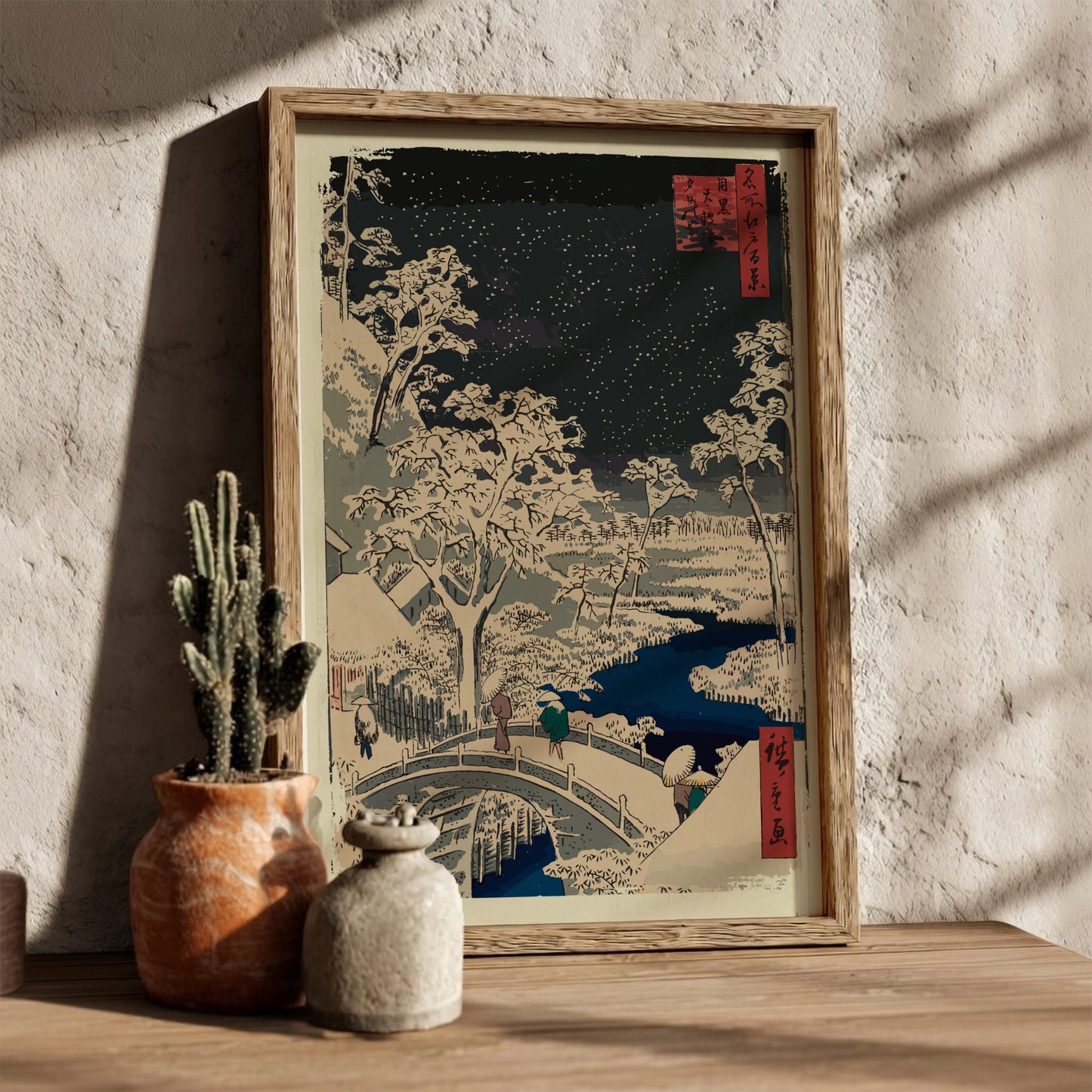 Japanese woodblock print poster of a snowy night scene with a bridge, trees, and stars.