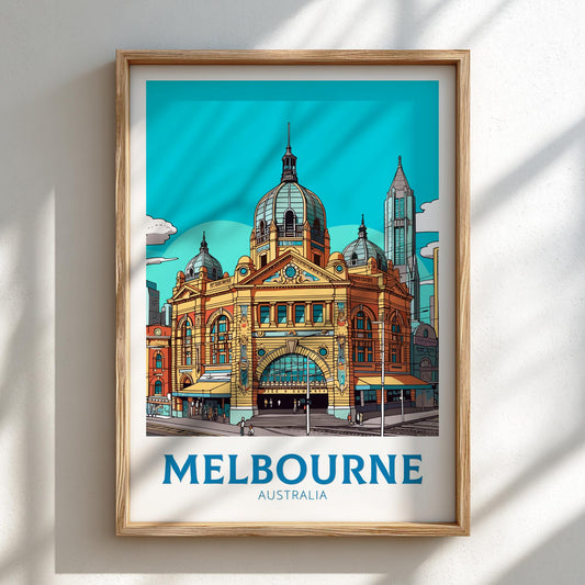 Framed artwork of a Melbourne landmark with 'Melbourne Australia' text on a light background