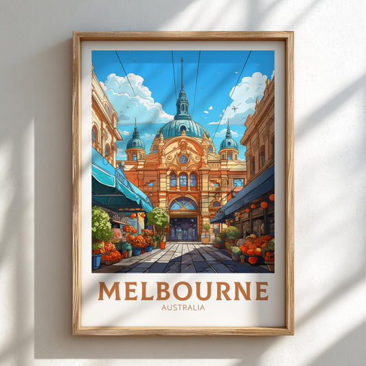 Framed artwork of a Melbourne street scene with a large building and 'Melbourne Australia' text.