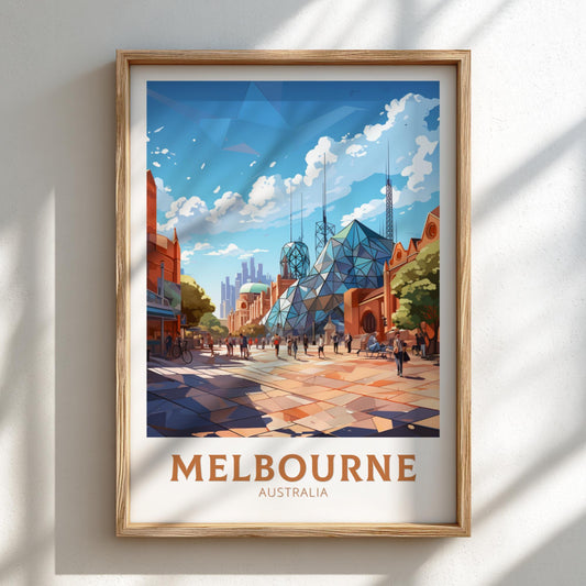 Framed artwork of Melbourne, Australia with a modern building and people on a street.