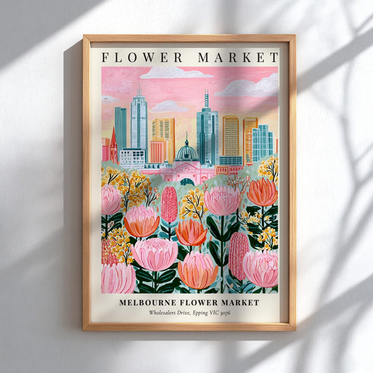 Melbourne Flower Market art print featuring colorful flowers and city skyline in a whimsical style