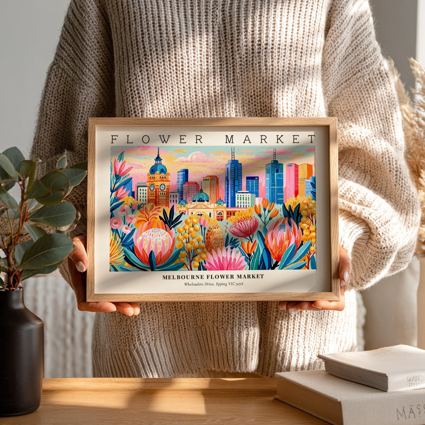 Melbourne flower market poster featuring vibrant flowers and city skyline in colorful style