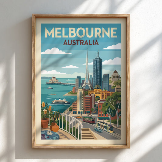 Vintage Melbourne Australia travel poster featuring city skyline, trams, and waterfront in a retro style.