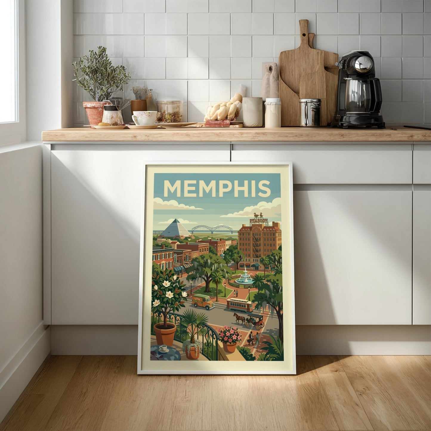 Vintage Memphis cityscape art print with pyramid, Peabody Hotel, trolley, and horse carriage in retro style.