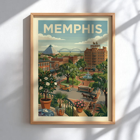 Vintage Memphis cityscape art print with pyramid, Peabody Hotel, trolley, and horse carriage in retro style.