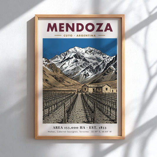 Poster of the Mendoza wine region in Argentina with mountains and vineyard rows