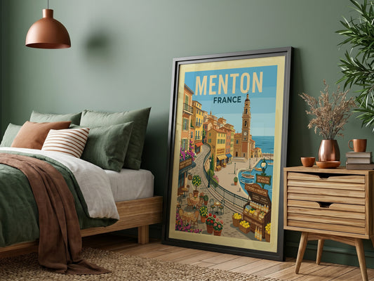 Vintage travel poster of Menton, France, featuring colourful buildings and a harbour scene.