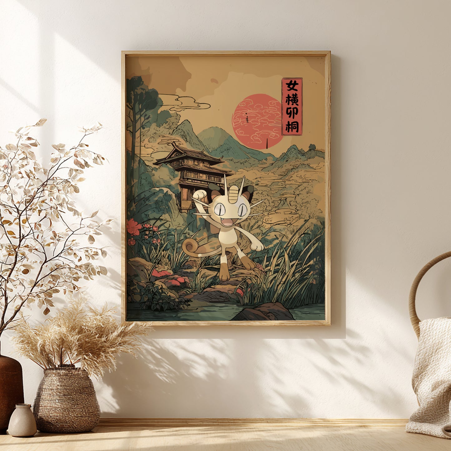 Framed artwork of Meowth Pokemon character in a traditional Japanese setting on a wall.