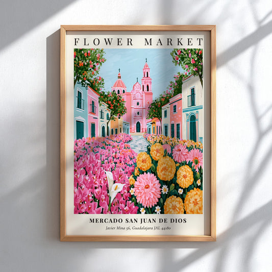 Flower market artwork featuring vibrant pink and yellow flowers with charming architecture in a colorful scene