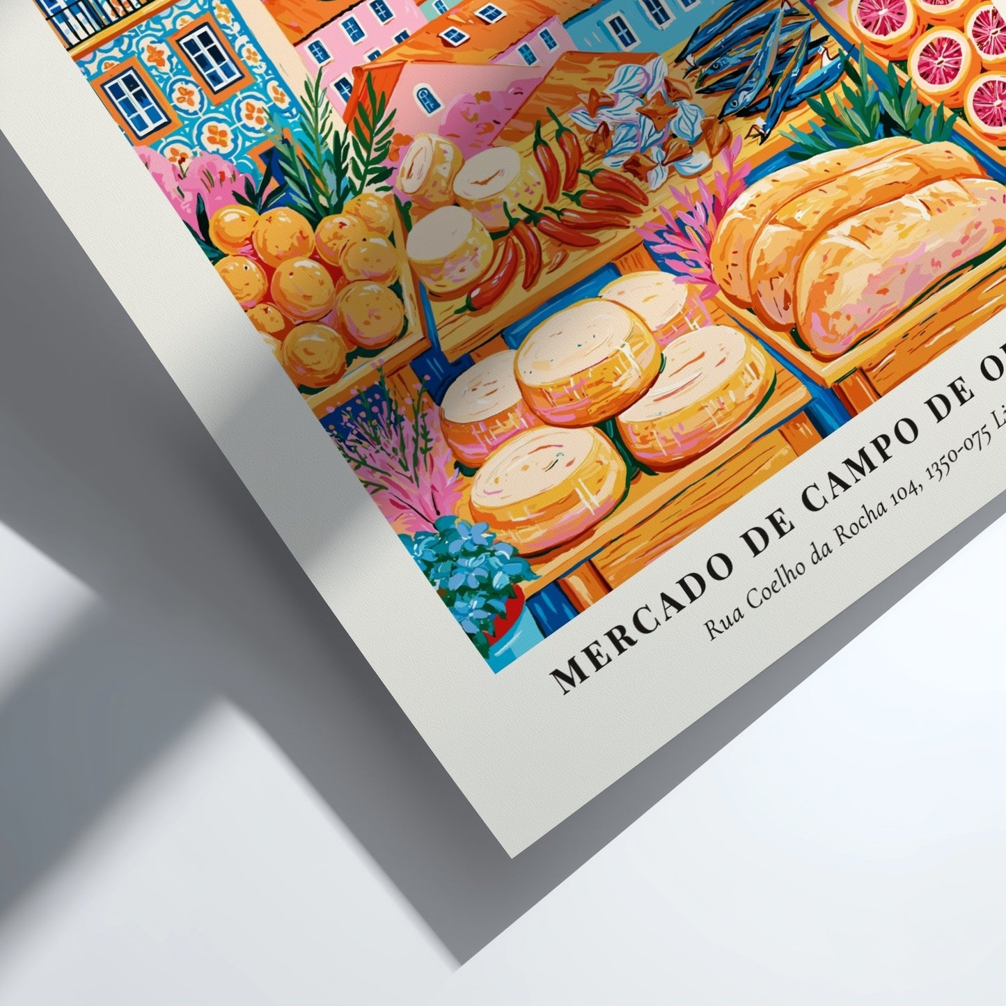 Farmers market poster featuring colorful fruits and cheeses with Lisbon architecture in the background
