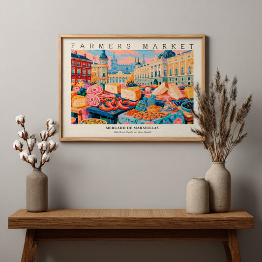 Farmers market poster featuring colorful market scene with cheeses and produce