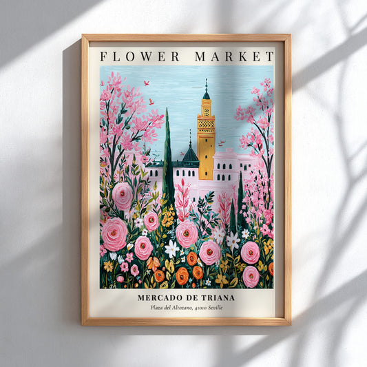 Floral wall decor featuring pink flowers and Mediterranean architecture in vibrant colors