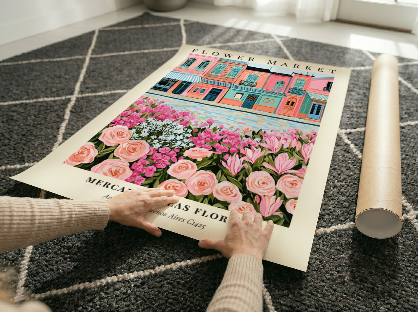 Flower market art print featuring pastel buildings and colorful flowers in a vibrant style