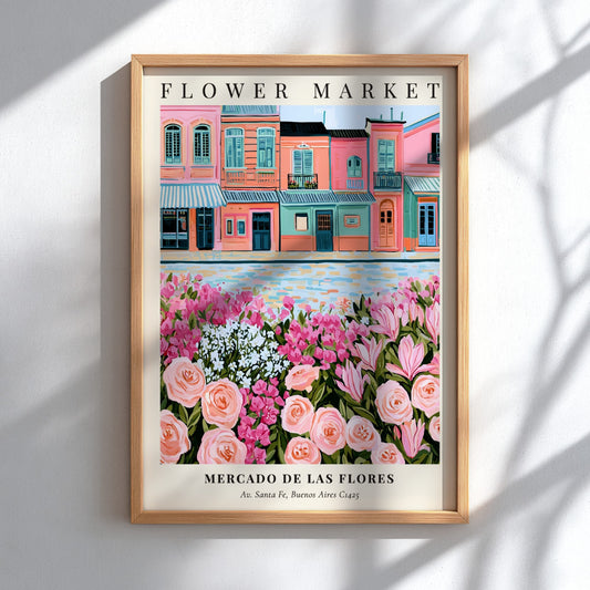 Flower market art print featuring pastel buildings and colorful flowers in a vibrant style