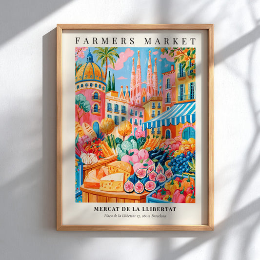 Farmers market poster featuring colorful produce and flowers in Barcelona style