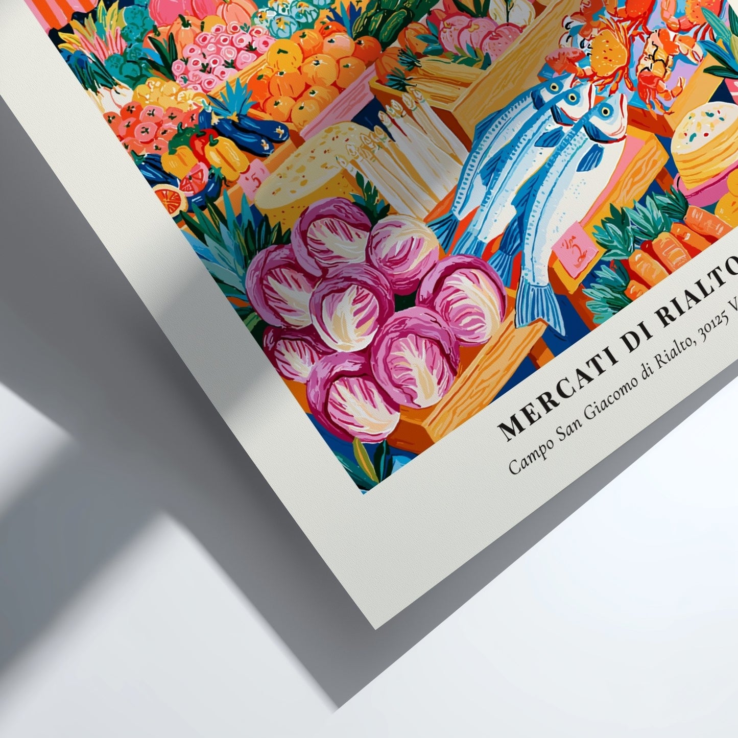 Mercati di Rialto poster featuring colorful produce and flowers in Venice style