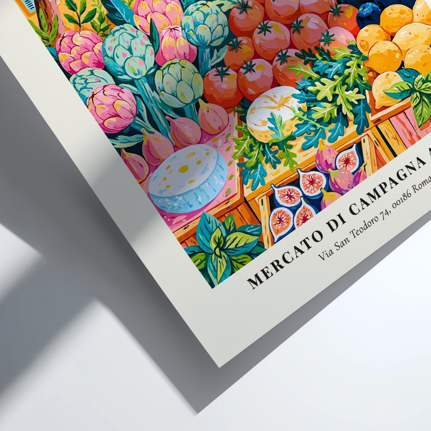 Farmers market poster featuring colorful fruits and vegetables with Roman architecture in the background.