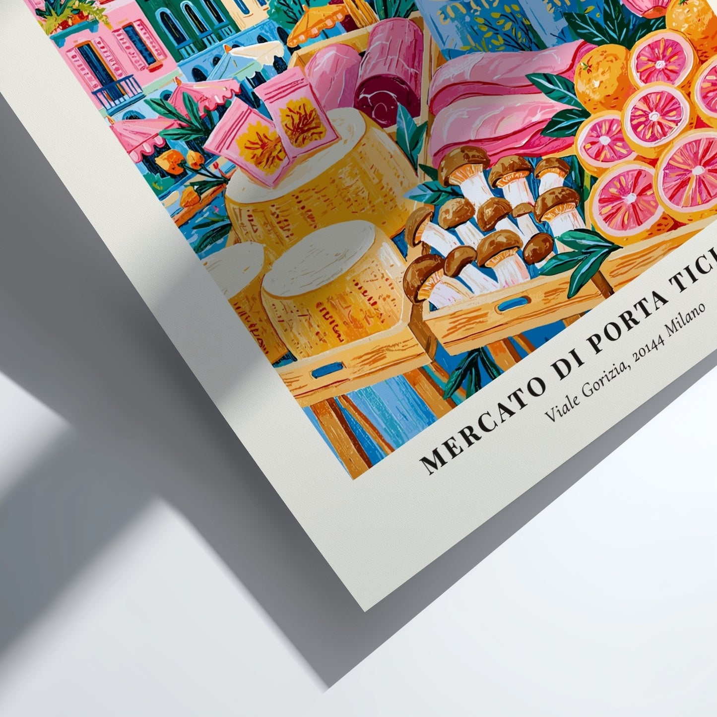 Mercato di Porta Ticinese poster featuring vibrant colors and farmers market scene in Milan