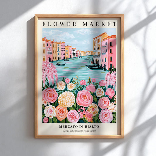 Flower market artwork featuring pink roses and Venetian canals in a whimsical style