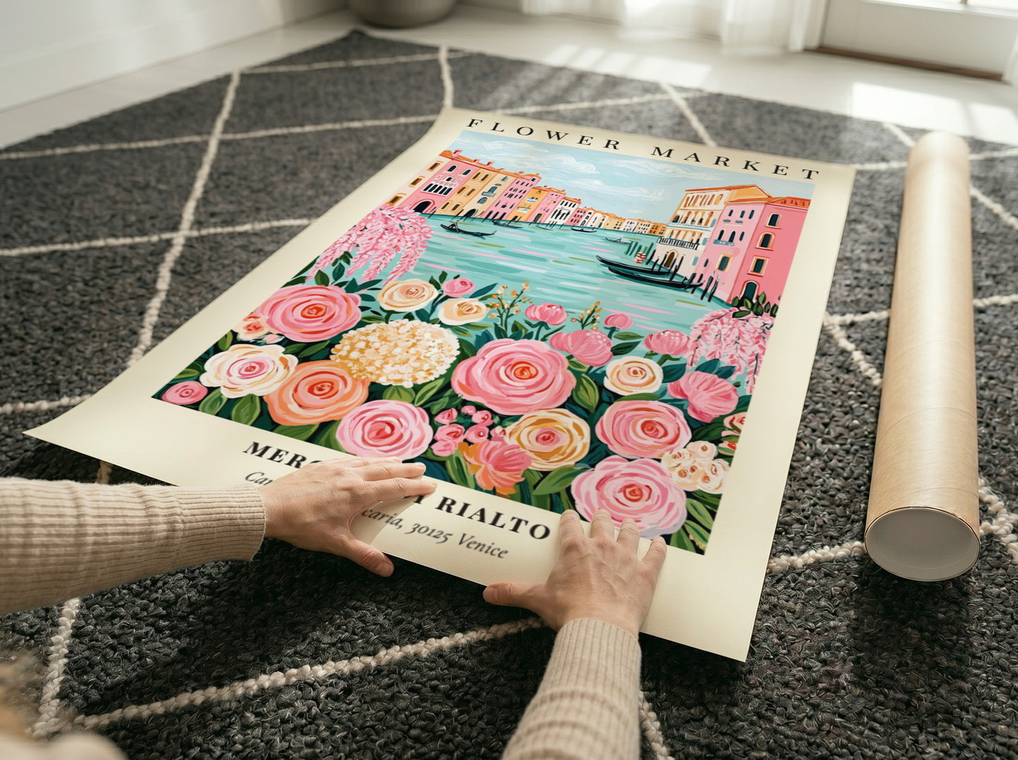 Flower market artwork featuring pink roses and Venetian canals in a whimsical style