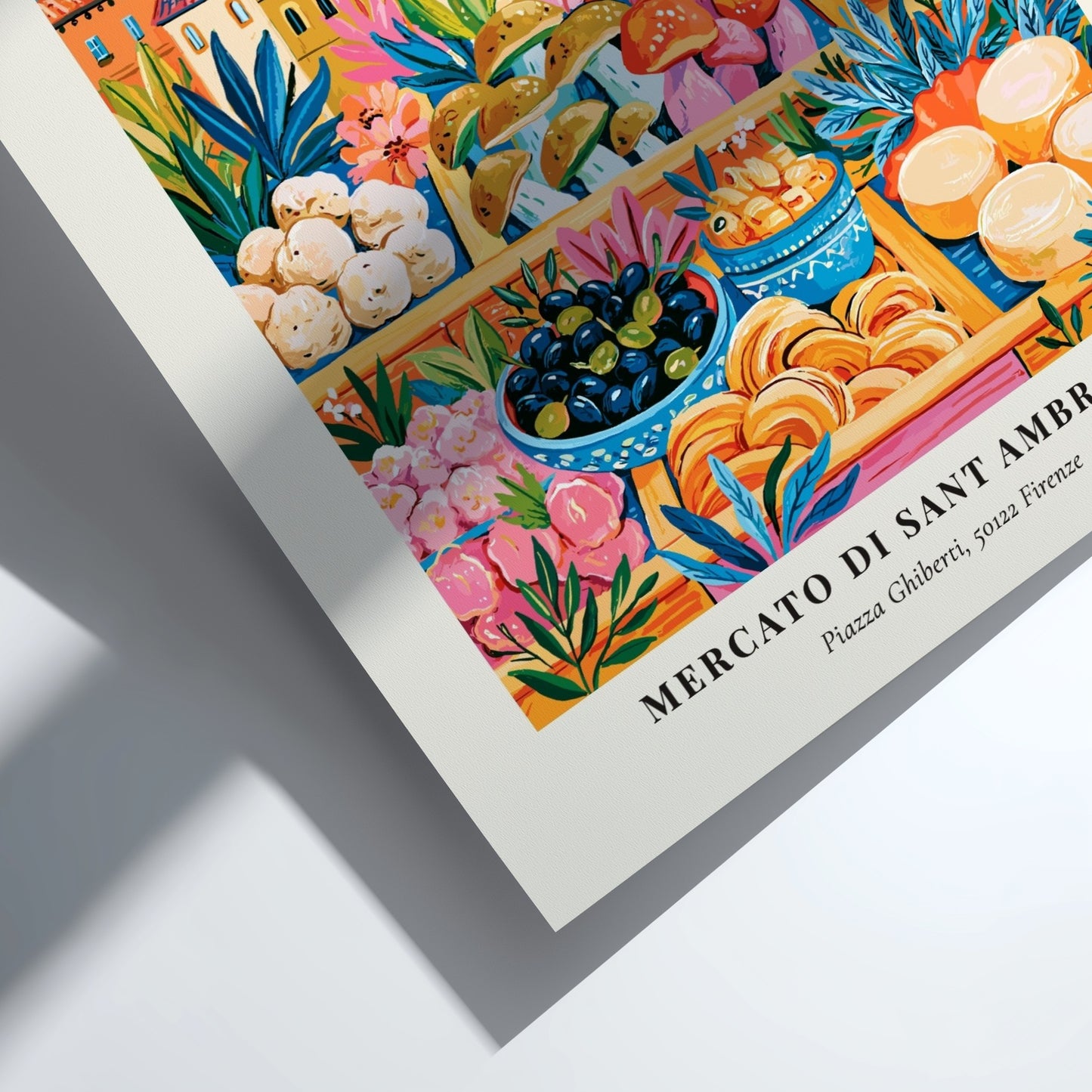 Mercato di Sant Ambrogio poster featuring colorful market scene and architecture in Florence