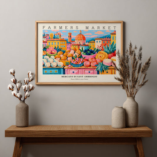 Farmers market poster showcasing colorful produce and flowers in a vibrant style, inspired by Mercato di Sant