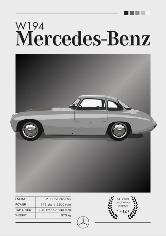 Affiche Mercedes-Benz W194 – Décoration murale représentant une voiture de course du Mans des années 1950