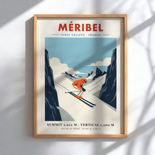 Méribel ski resort poster featuring a skier on slopes with a vintage style and bold colors