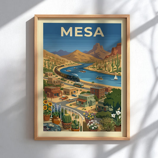 Retro illustration of a steam train by a desert river, titled Mesa. Vintage travel art.
