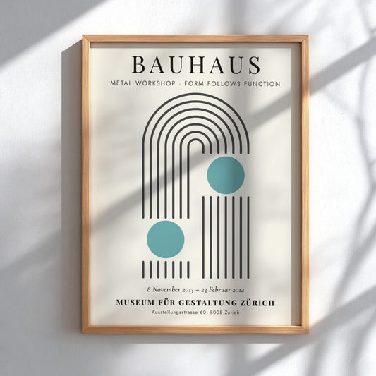 Bauhaus poster featuring a metal workshop design with geometric shapes and soothing colors