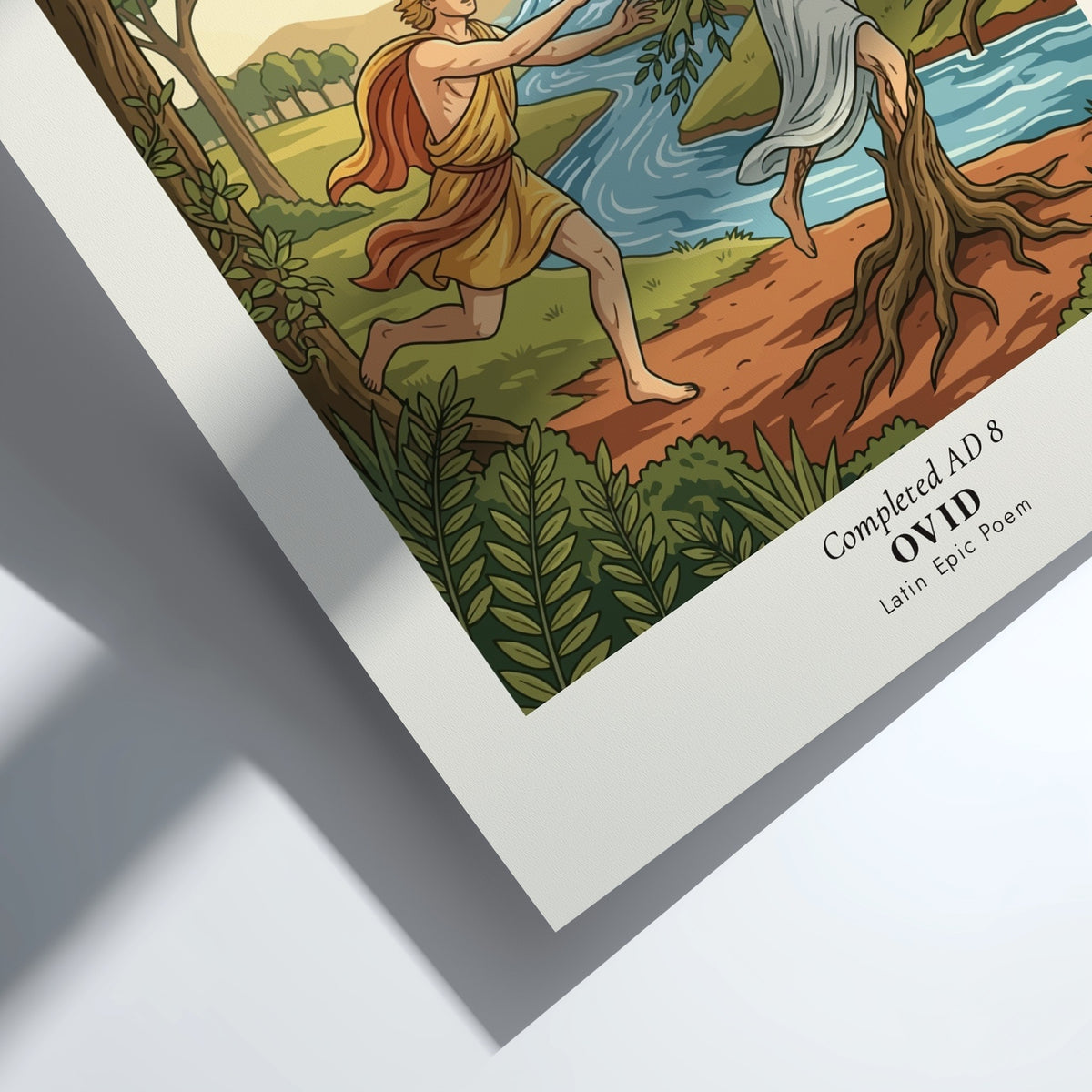 Poster featuring Ovid Metamorphoses text with a mythic illustration of Daphne transforming into wood.