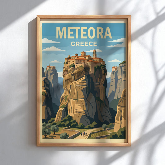 Poster featuring the Meteora monasteries in Greece atop tall cliffs under a blue sky