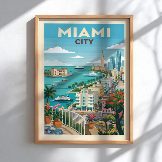 Miami Art Deco cityscape poster with pastel buildings, palm trees, yachts, and turquoise water.