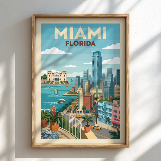 Miami skyline travel poster with vintage style, featuring colorful buildings and turquoise water.