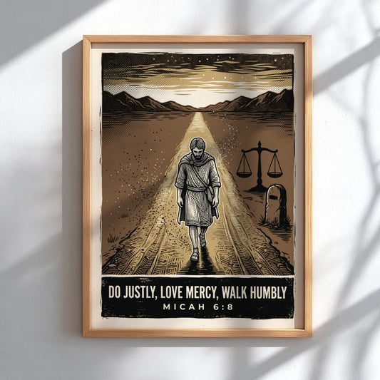 Poster featuring a traveler walking on a path with scales and Micah 6:8 text.