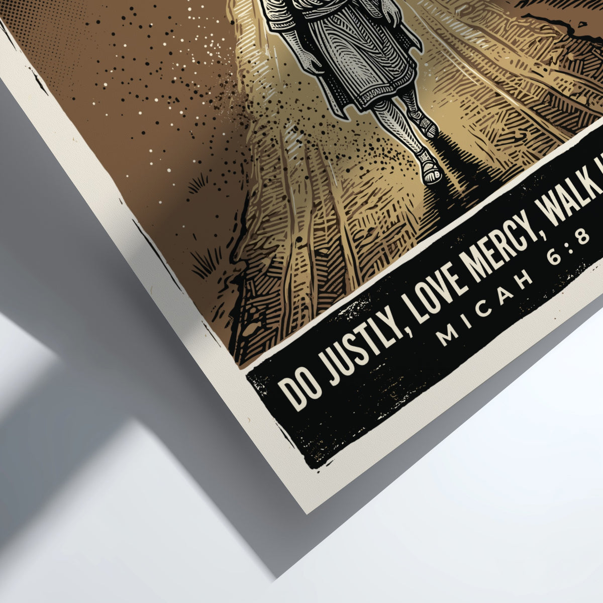 Poster featuring a traveler walking on a path with scales and Micah 6:8 text.