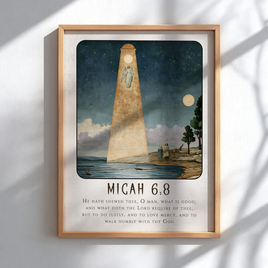 Micah 6:8 poster featuring a serene landscape and angelic figure in soft blue and gold tones