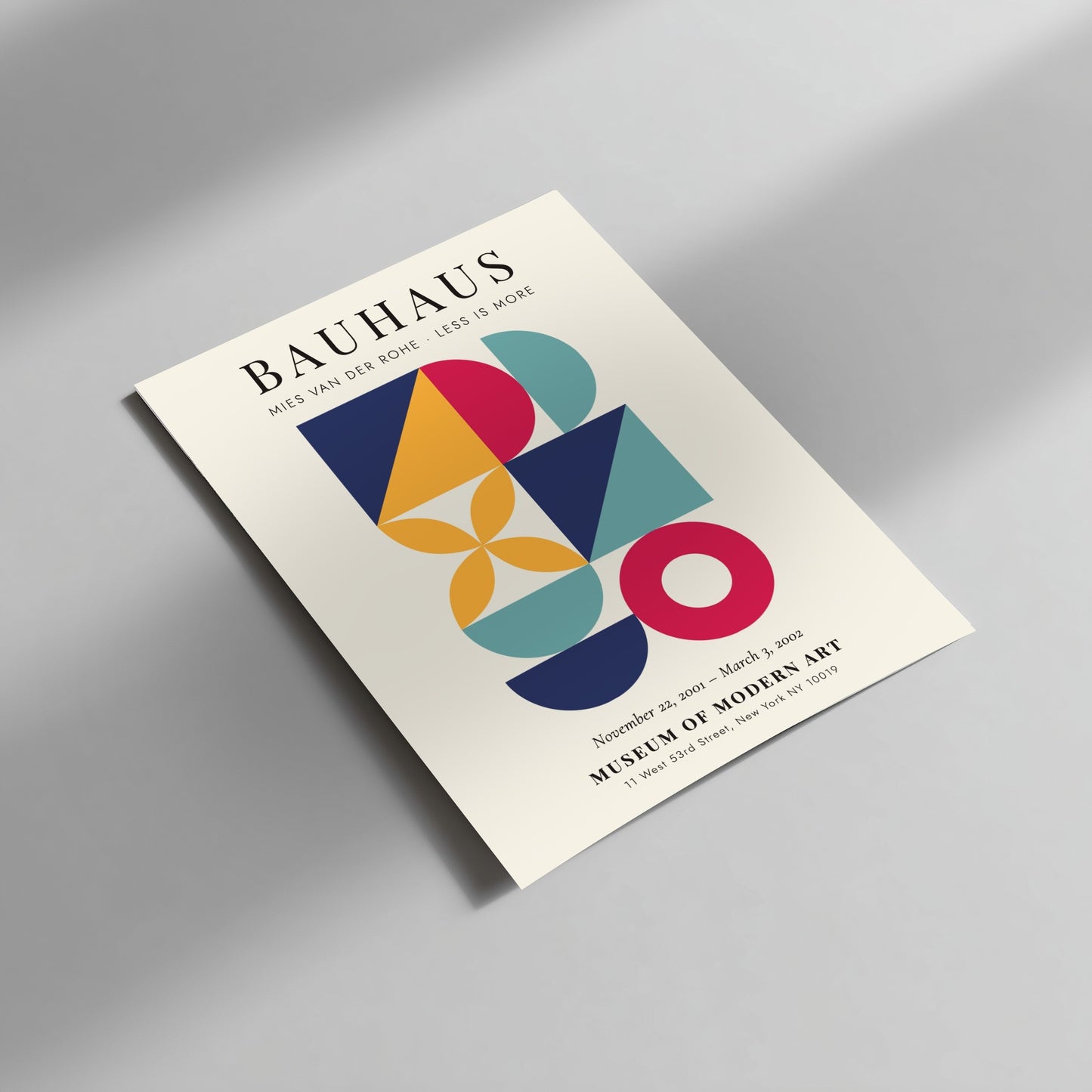 Bauhaus poster featuring geometric shapes and vibrant colors, showcasing modern art style by Mies van der