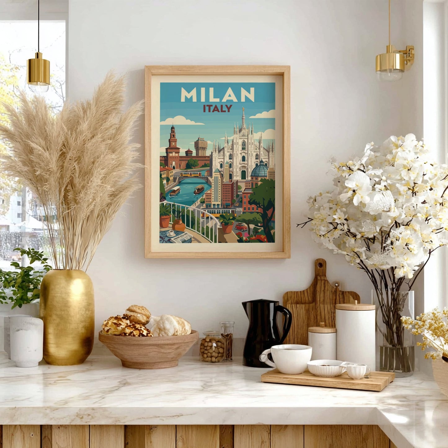 Retro illustration of Milan skyline with Duomo and Sforza Castle, Italy travel poster.