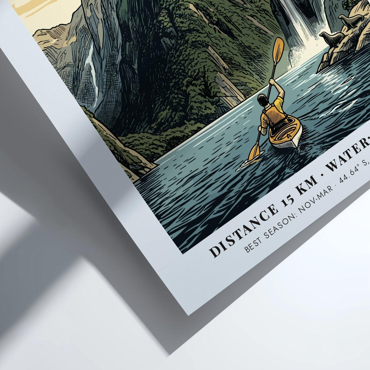 Milford Sound travel poster featuring a kayaker on blue water before green mountains.