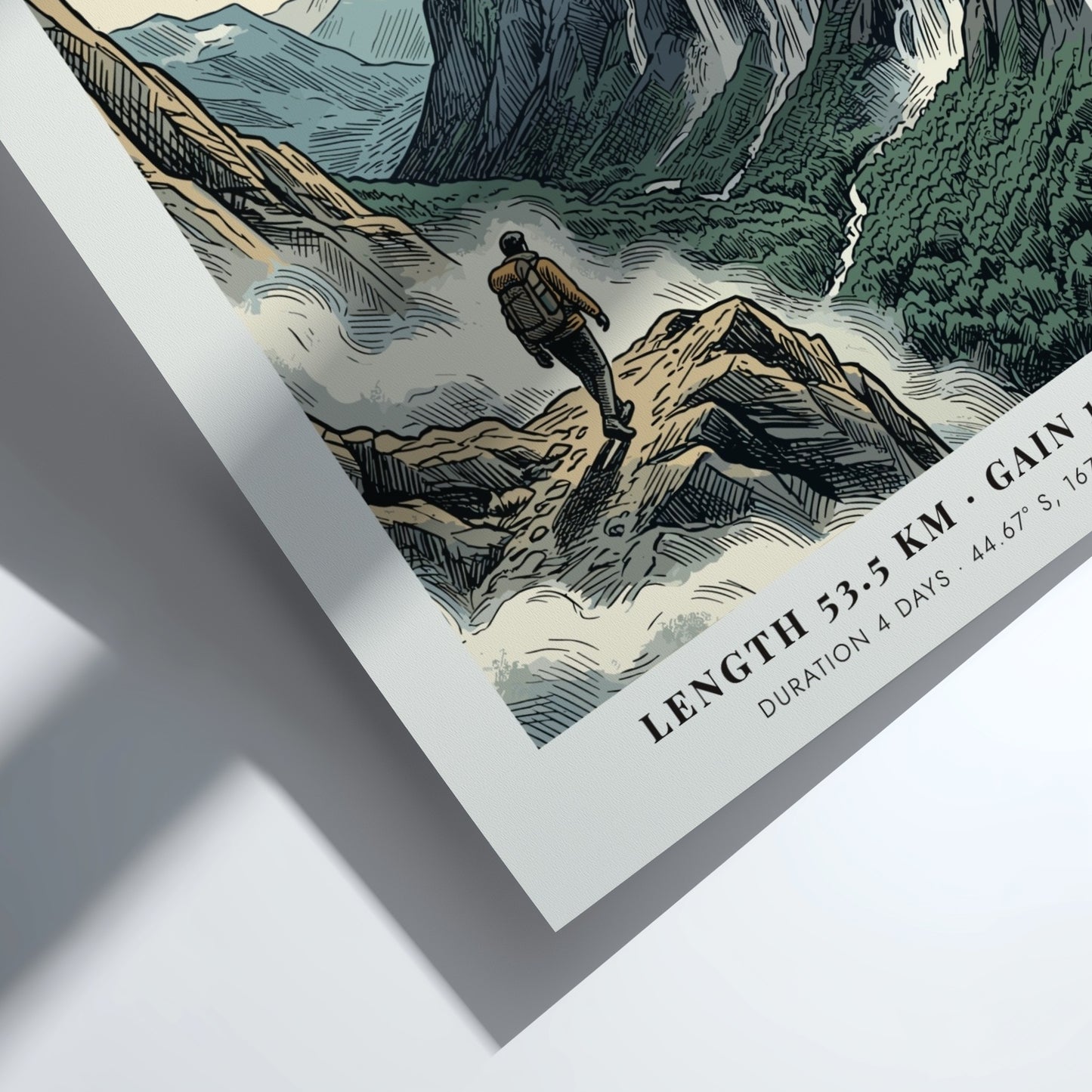 Poster of a hiker on the Milford Track in Fiordland with dramatic waterfalls