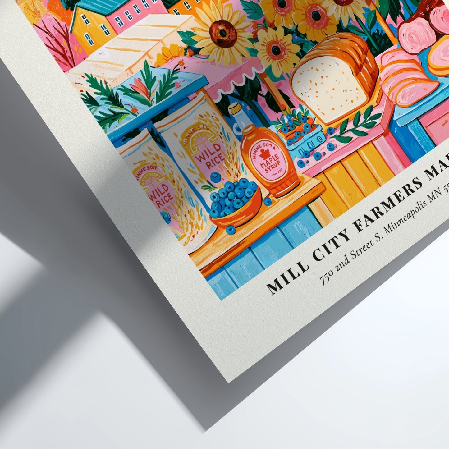 Farmers market poster featuring colorful sunflowers and Minneapolis skyline