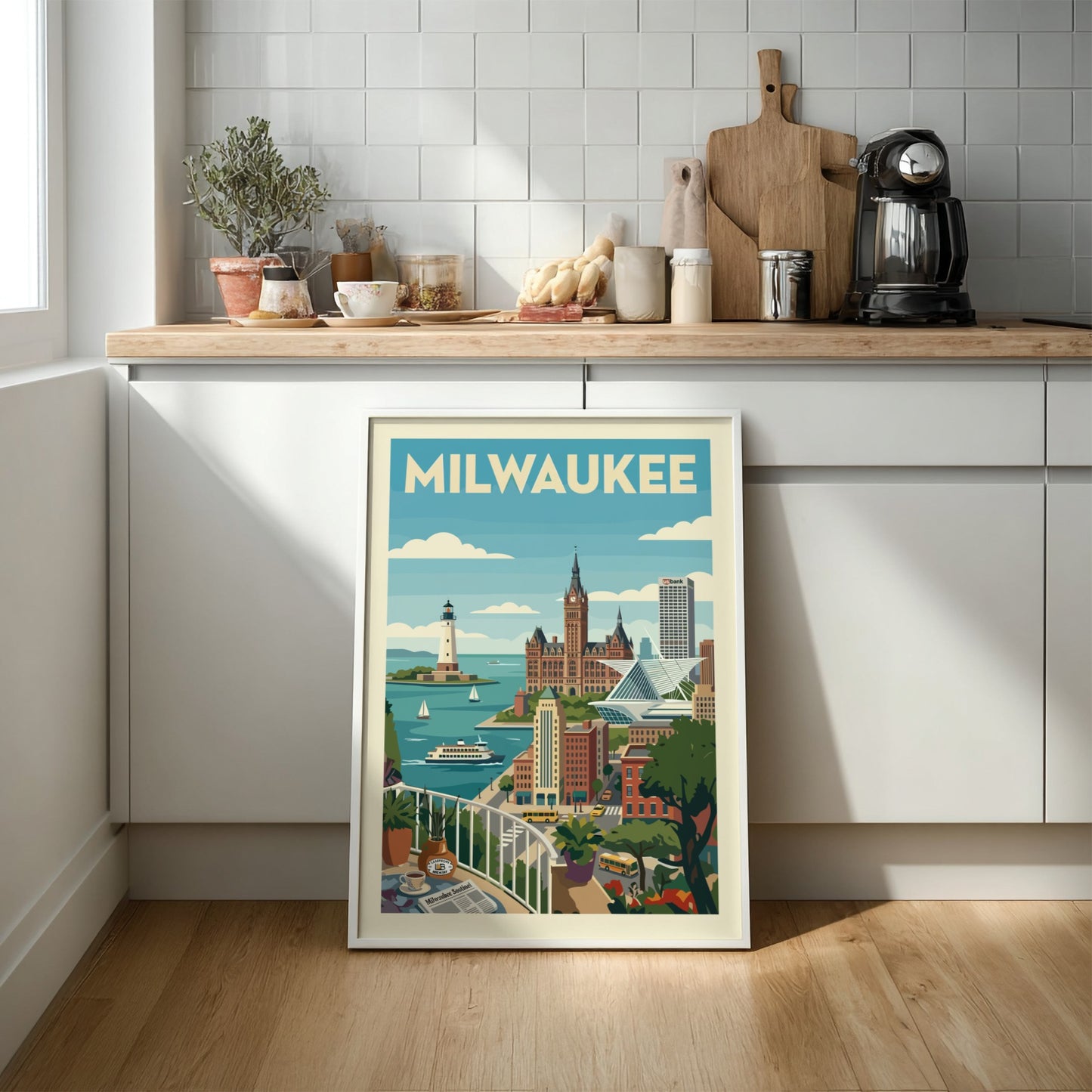 Retro Milwaukee skyline poster with iconic buildings, lighthouse, and ferry. Features a vintage travel art