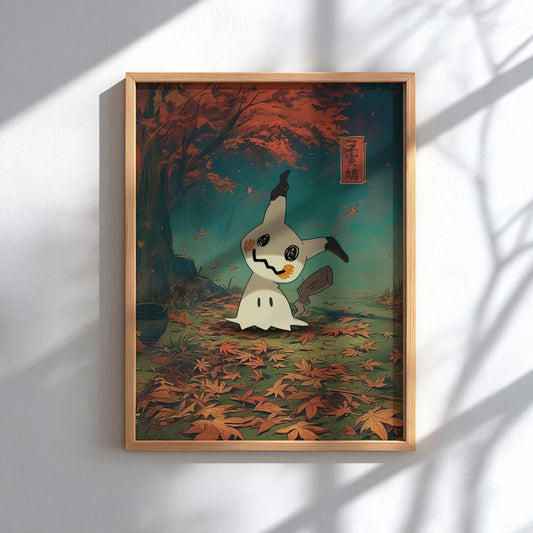 Framed artwork of Mimikyu Pokemon in a forest setting with autumn leaves.