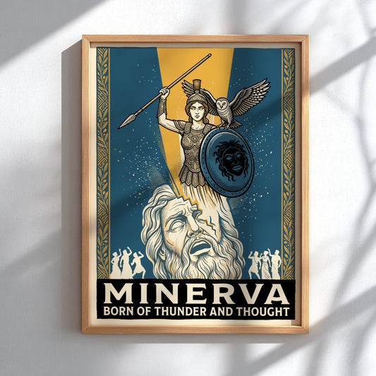 Poster featuring Minerva with owl and shield emerging from a bearded figure head