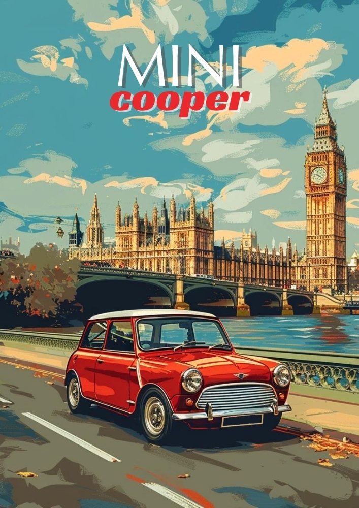 Mini Cooper Wall Art – Affiche de voiture britannique classique des années 1960
