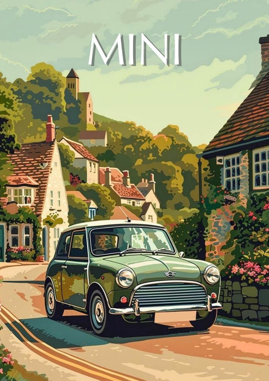 Affiche Mini Cooper des années 1960 – Impression d'art mural de voiture britannique classique