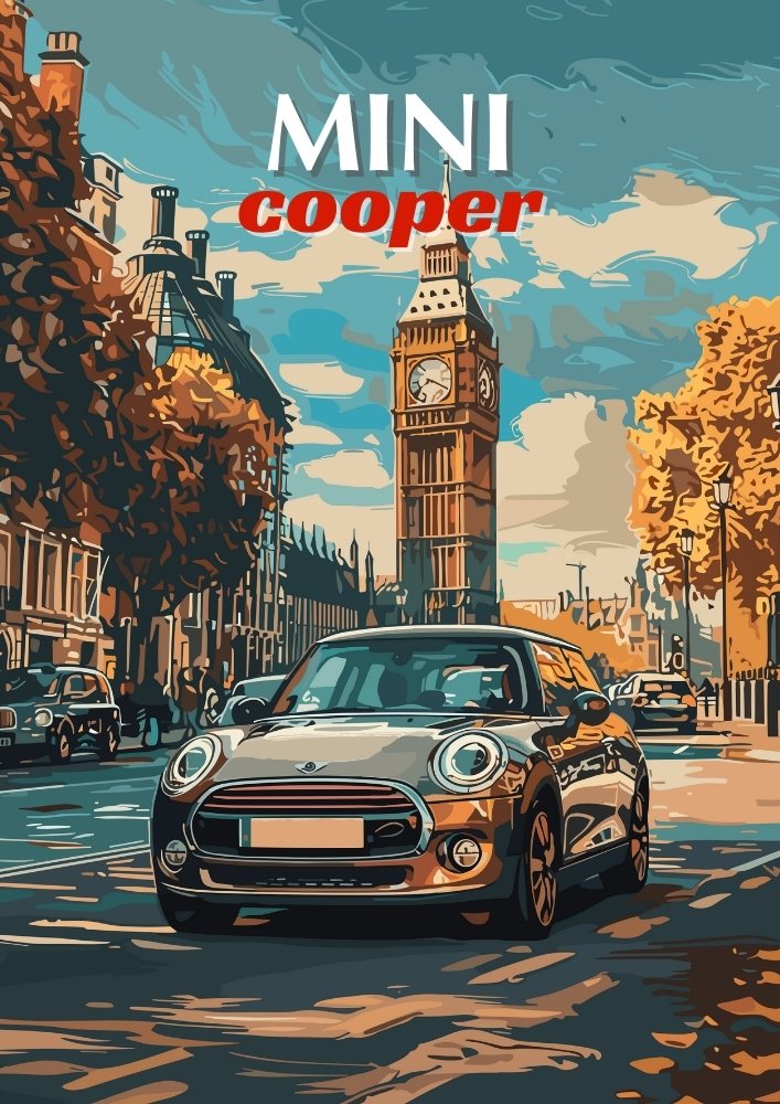 Affiche Mini Cooper des années 2000 – Impression d'art mural de voiture britannique moderne