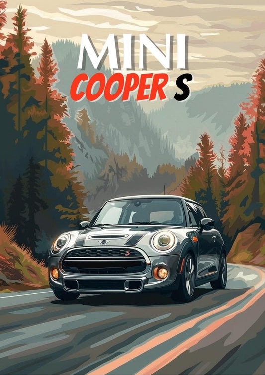 Affiche Mini Cooper S des années 2010 – Impression d'art mural représentant une voiture de sport britannique moderne