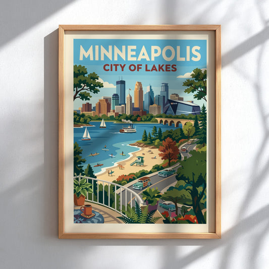 Vintage style Minneapolis cityscape poster with lake, beach, and retro cars. Features a warm color palette.
